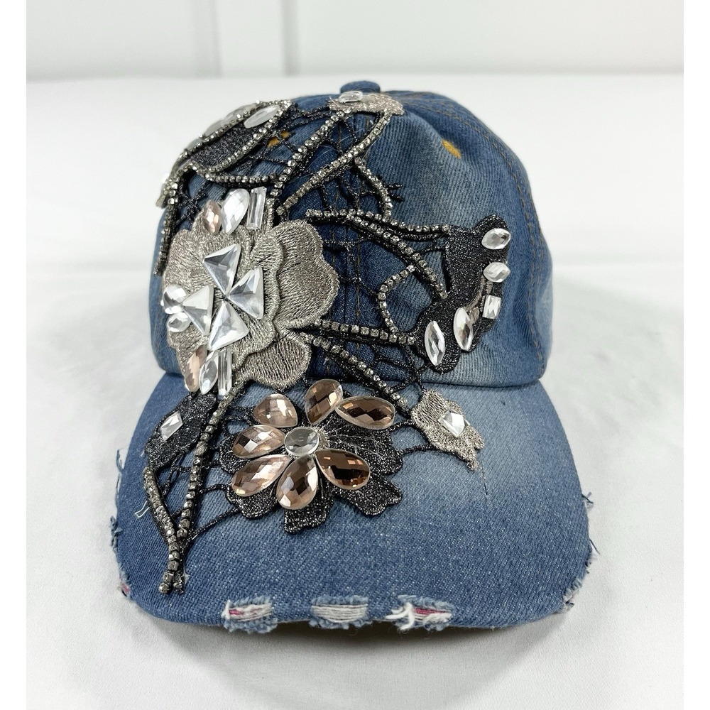 Vintage Y2K Bejeweled Denim Hat Bling Rhinestone Flower Distressed Jean Cap OSFM